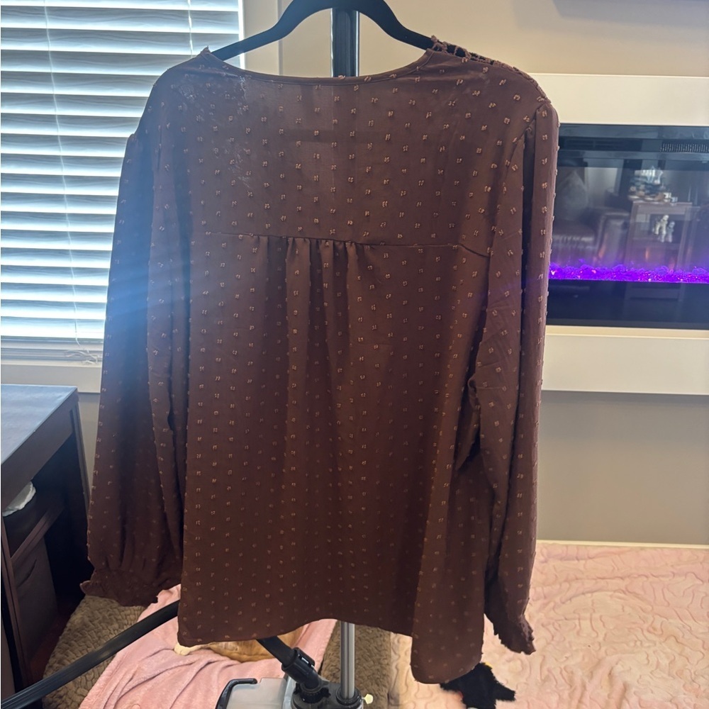 Brown Crochet Yoke Long Sleeve Blouse - Picture 5 of 5